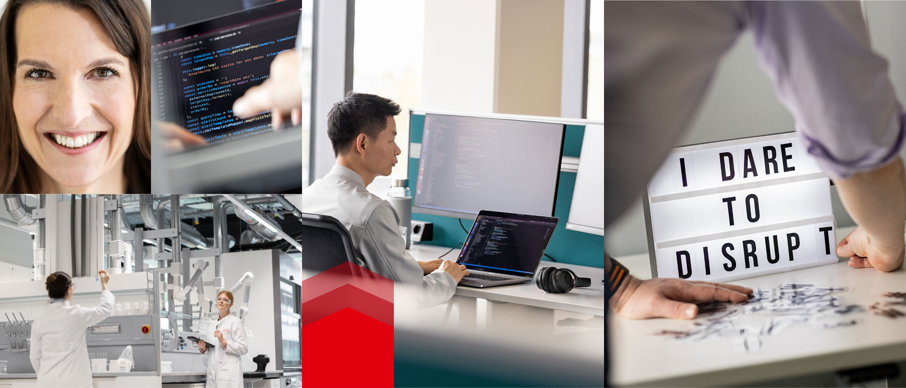 A collage of Henkel workplaces. Images of technology, digital transformation and fresh ideas.