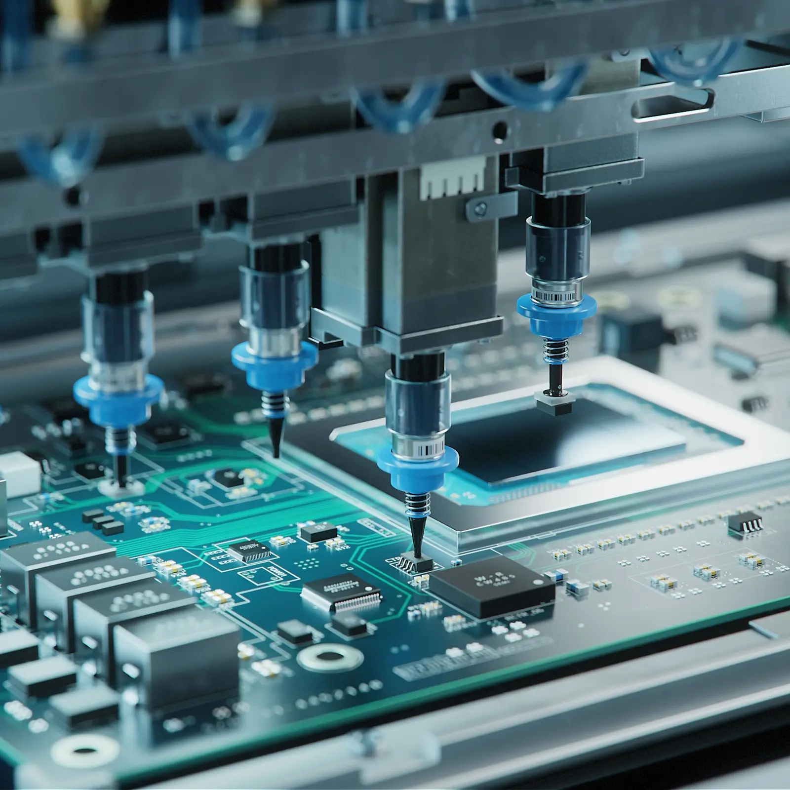 Application of adhesive on a circuit board with components with a 4 needles machine