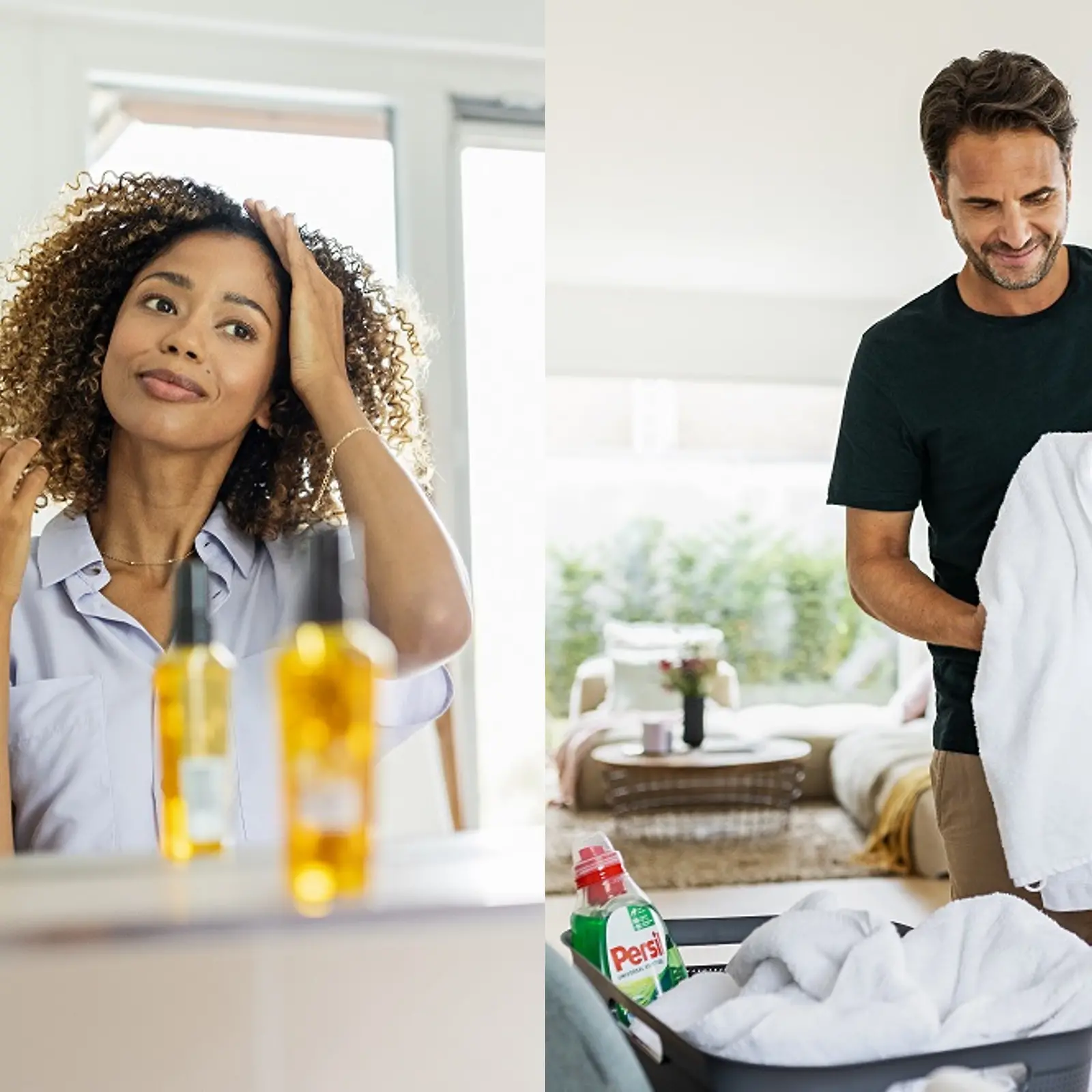 Di sisi kiri: wanita mengoleskan produk perawatan rambut ke rambut keritingnya, di sisi kanan pria melipat laundry. 