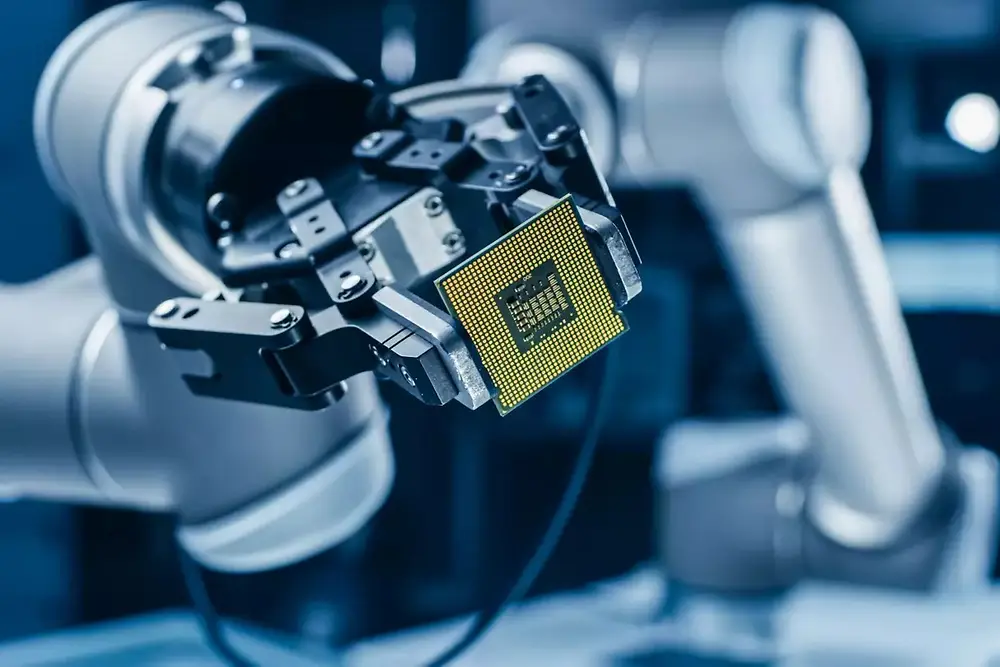 Lengan robot mengoperasikan mesin otomatis di lingkungan manufaktur semikonduktor.