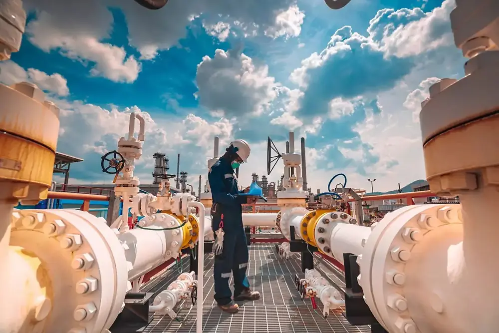 Fasilitas industri dengan pipa besar dan pekerja yang memeriksa peralatan di luar ruangan.
