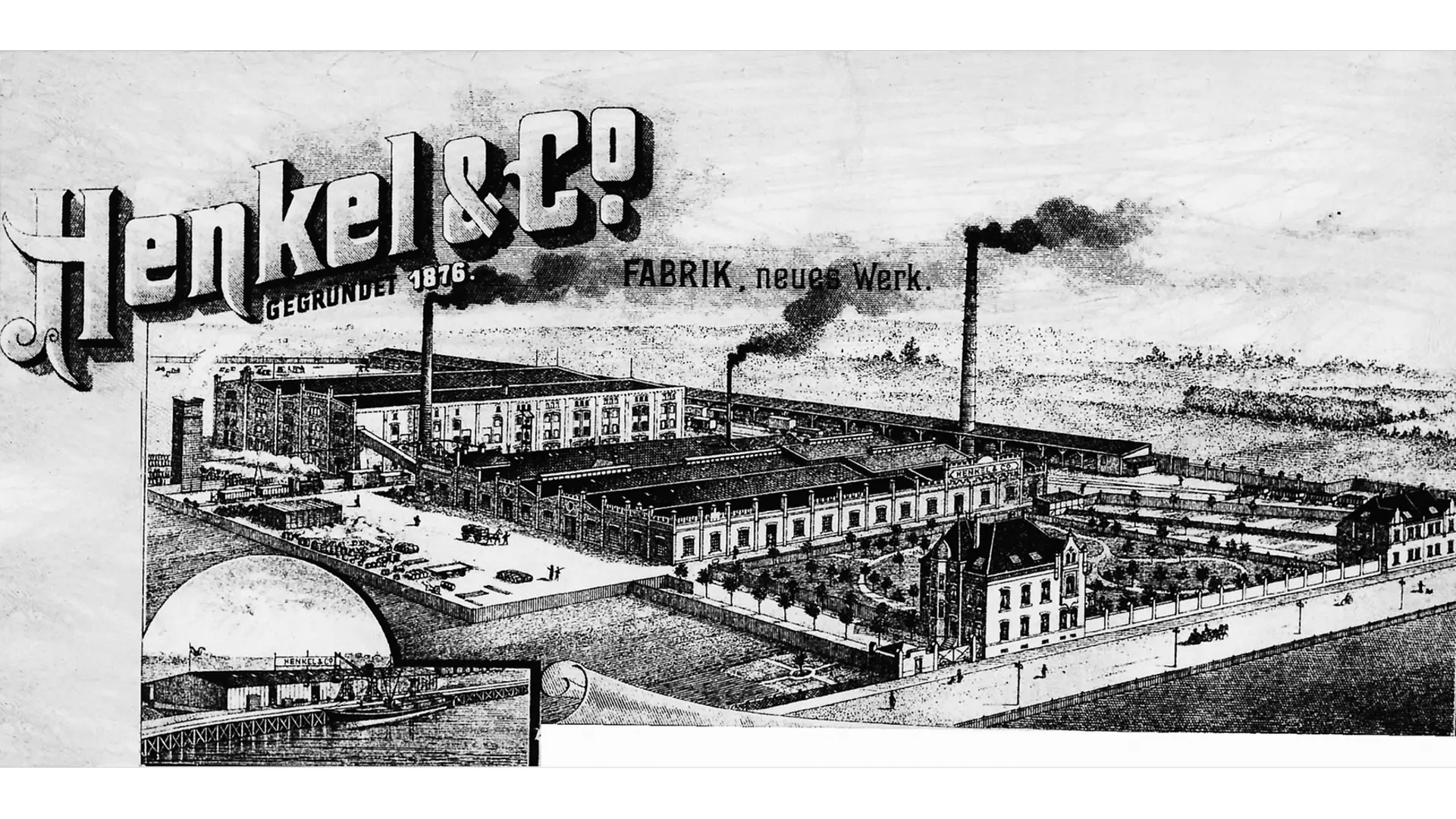 Henkel letterhead with a picture of the plant in Holthausen and a section of the Reisholz harbor in the lower left corner.