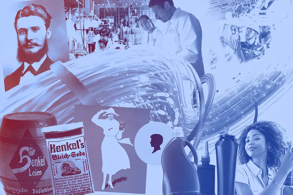 Collage of vintage Henkel products, detergent bottles, lab workers, and historical advertisements in blue tones.