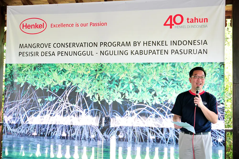
President of Henkel Indonesia, Allan Yong, gives a speech on Mangrove Planting ceremony in Mangrove Conservation Center, Nguling, Pasuruan